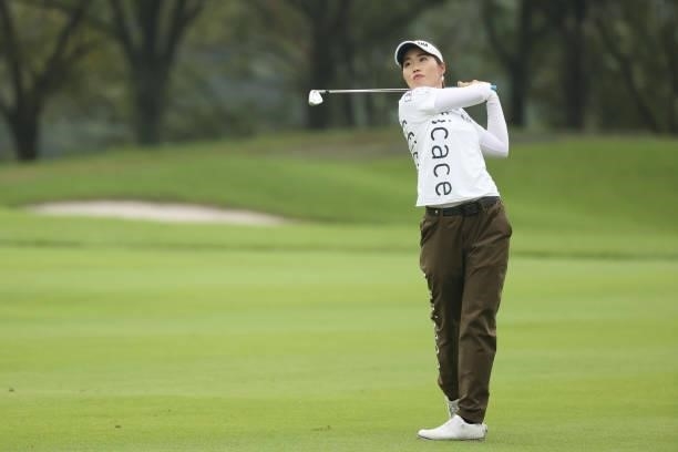 Nozomi Uetake of Japan hits her second shot on the 14th hole during the second round of the Golf5 Ladies at Golf5 Country Yokkaichi Course on...