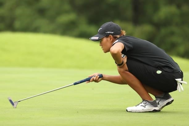 Mao Nozawa of Japan lines up her putt on the 9th hole during the second round of the Golf5 Ladies at Golf5 Country Yokkaichi Course on September 04,...