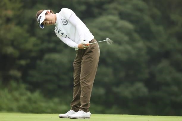 Nozomi Uetake of Japan putts on the 14th hole during the second round of the Golf5 Ladies at Golf5 Country Yokkaichi Course on September 04, 2021 in...