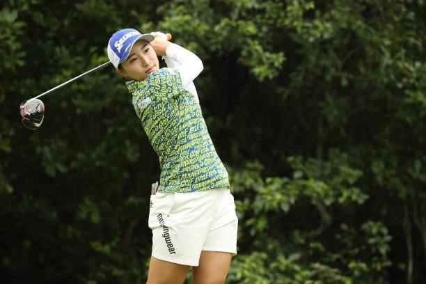 Rieru Shibusawa of Japan hits her tee shot on the 5th hole during the second round of the Golf5 Ladies at Golf5 Country Yokkaichi Course on September...
