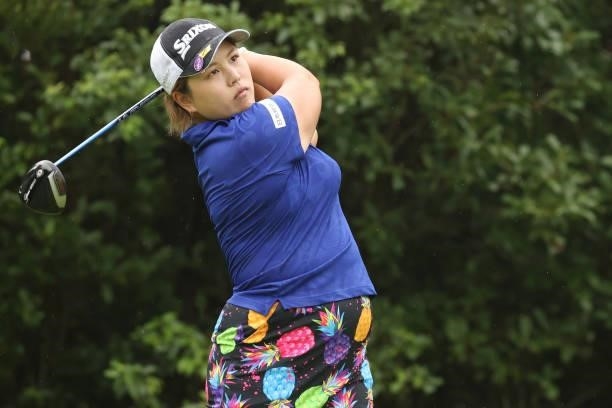 Shoko Sasaki of Japan hits her tee shot on the 5th hole during the second round of the Golf5 Ladies at Golf5 Country Yokkaichi Course on September...