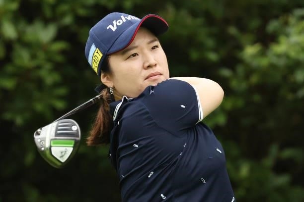 Tsugumi Miyazaki of Japan hits her tee shot on the 5th hole during the second round of the Golf5 Ladies at Golf5 Country Yokkaichi Course on...