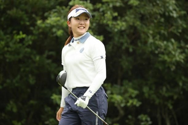 Momoko Kishibe of Japan smiles during the second round of the Golf5 Ladies at Golf5 Country Yokkaichi Course on September 04, 2021 in Yokkaichi, Mie,...
