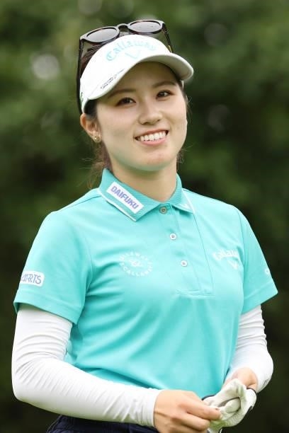Yuna Nishimura of Japan smiles during the second round of the Golf5 Ladies at Golf5 Country Yokkaichi Course on September 04, 2021 in Yokkaichi, Mie,...