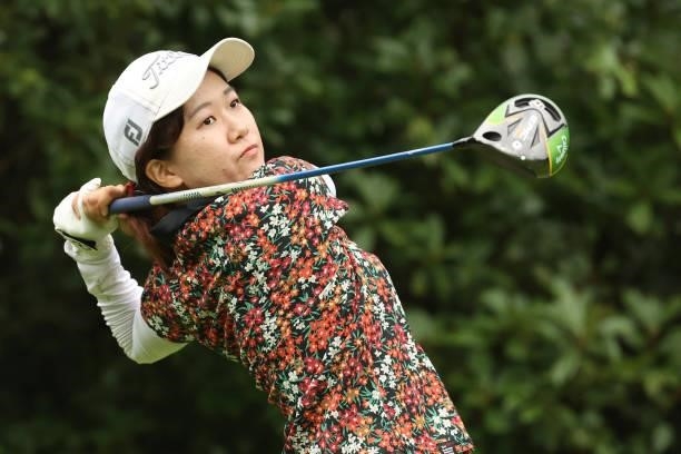 Ayano Nitta of Japan hits her tee shot on the 5th hole during the second round of the Golf5 Ladies at Golf5 Country Yokkaichi Course on September 04,...