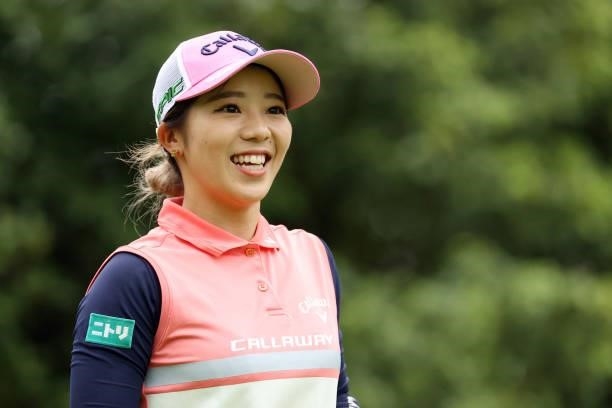 Mizuki Tanaka of Japan smiles during the second round of the Golf5 Ladies at Golf5 Country Yokkaichi Course on September 04, 2021 in Yokkaichi, Mie,...