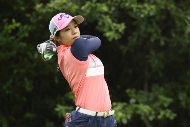 Mizuki Tanaka of Japan hits her tee shot on the 5th hole during the second round of the Golf5 Ladies at Golf5 Country Yokkaichi Course on September...