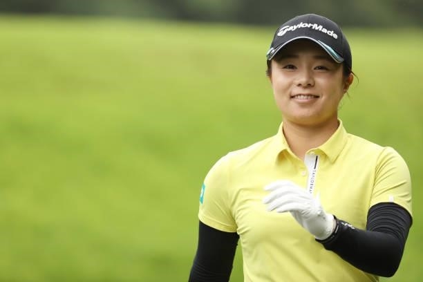 Saki Nagamine of Japan smiles during the second round of the Golf5 Ladies at Golf5 Country Yokkaichi Course on September 04, 2021 in Yokkaichi, Mie,...