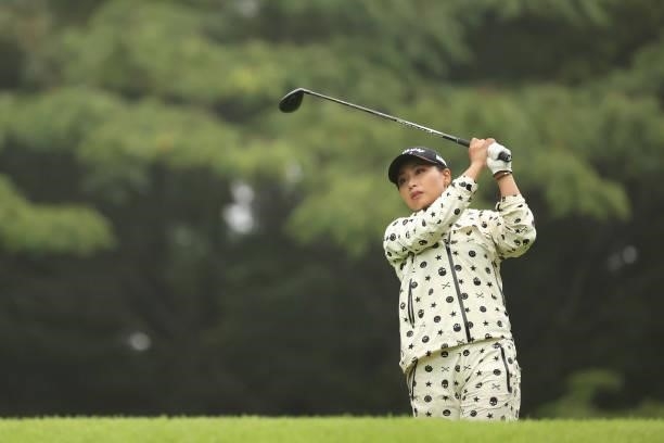 Miyuki Takeuchi of Japan hits her tee shot on the 3rd hole during the second round of the Golf5 Ladies at Golf5 Country Yokkaichi Course on September...