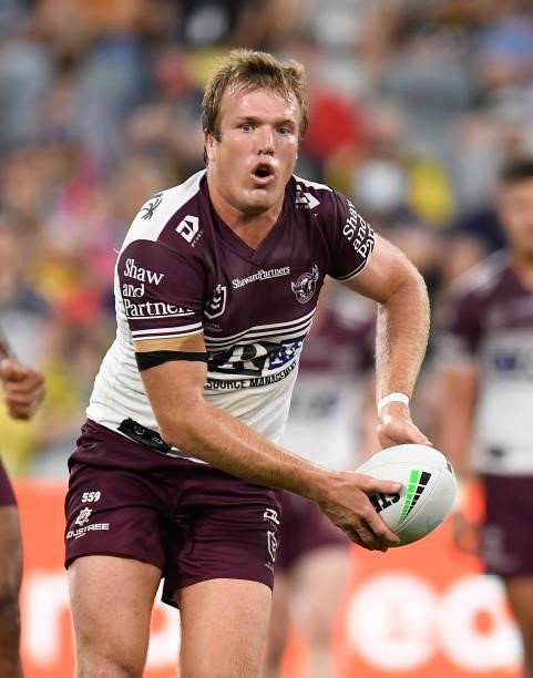 Jake Trbojevic of the Sea Eagles runs the ball during the round 25 NRL match between the North Queensland Cowboys and the Manly Sea Eagles at QCB...