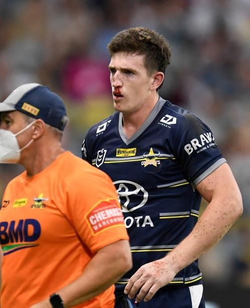Ben Condon of the Cowboys comes from the field after being injured during the round 25 NRL match between the North Queensland Cowboys and the Manly...