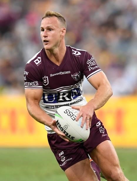 Daly Cherry-Evans of the Sea Eagles runs the ball during the round 25 NRL match between the North Queensland Cowboys and the Manly Sea Eagles at QCB...