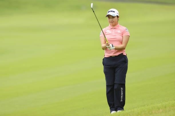 Sakura Koiwai of Japan hits her second shot on the 3rd hole during the second round of the Golf5 Ladies at Golf5 Country Yokkaichi Course on...