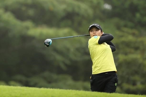 Saki Nagamine of Japan hits her tee shot on the 3rd hole during the second round of the Golf5 Ladies at Golf5 Country Yokkaichi Course on September...