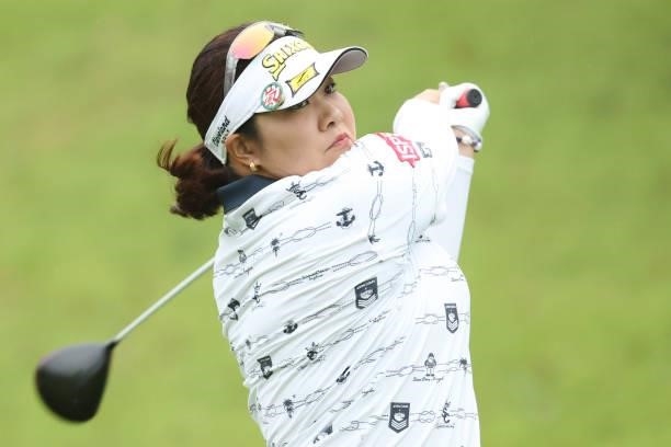 Miki Sakai of Japan hits her tee shot on the 1st hole during the second round of the Golf5 Ladies at Golf5 Country Yokkaichi Course on September 04,...