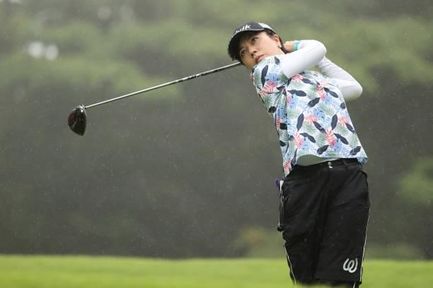 Megumi Shimokawa of Japan hits her tee shot on the 3rd hole during the second round of the Golf5 Ladies at Golf5 Country Yokkaichi Course on...