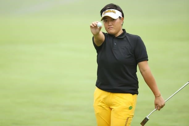 Haruka Kudo of Japan celebrates after making her birdie putt on the 2nd hole during the second round of the Golf5 Ladies at Golf5 Country Yokkaichi...