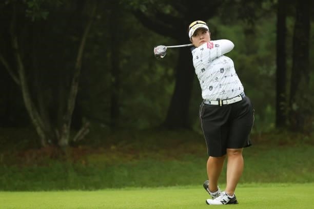 Miki Sakai of Japan hits her tee shot on the 2nd hole during the second round of the Golf5 Ladies at Golf5 Country Yokkaichi Course on September 04,...