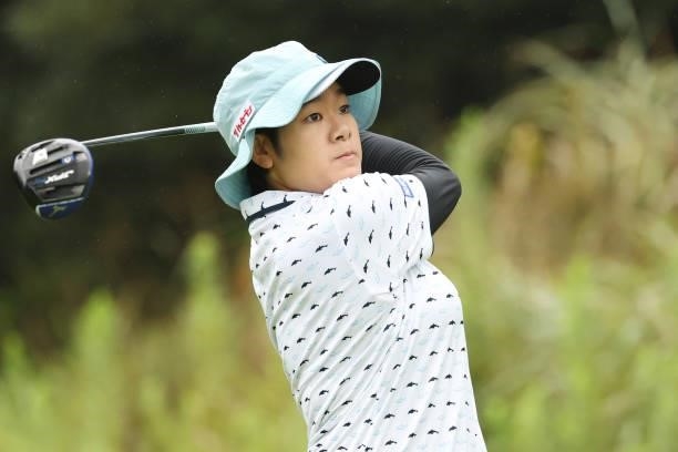 Fumika Kawagishi of Japan hits her tee shot on the 2nd hole during the second round of the Golf5 Ladies at Golf5 Country Yokkaichi Course on...