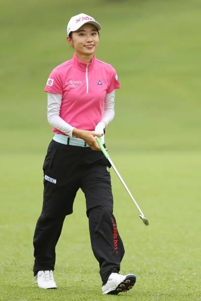 Yuka Yasuda of Japan smiles during the second round of the Golf5 Ladies at Golf5 Country Yokkaichi Course on September 04, 2021 in Yokkaichi, Mie,...