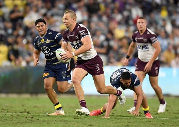 Tom Trbojevic of the Sea Eagles makes a break during the round 25 NRL match between the North Queensland Cowboys and the Manly Sea Eagles at QCB...