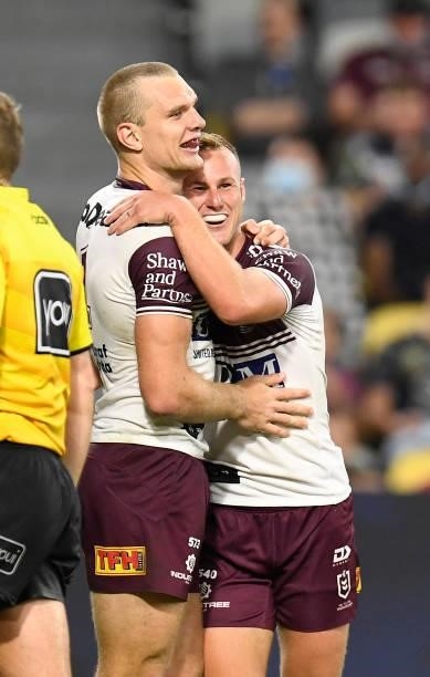 Daly Cherry-Evans of the Sea Eagles celebrates after scoring a try during the round 25 NRL match between the North Queensland Cowboys and the Manly...