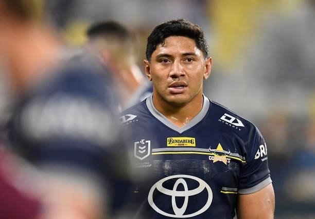 Jason Taumalolo of the Cowboys looks dejected after losing the round 25 NRL match between the North Queensland Cowboys and the Manly Sea Eagles at...