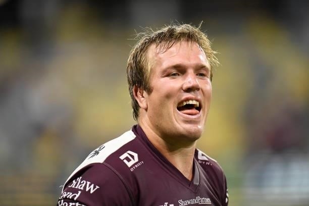 Jake Trbojevic of the Sea Eagles celebrates after winning the round 25 NRL match between the North Queensland Cowboys and the Manly Sea Eagles at QCB...