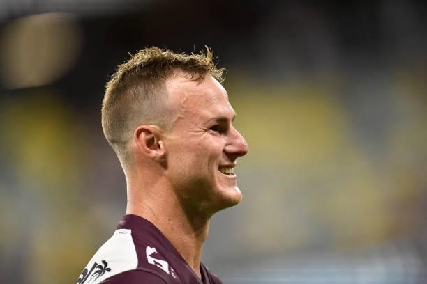 Daly Cherry-Evans of the Sea Eagles celebrates after winning the round 25 NRL match between the North Queensland Cowboys and the Manly Sea Eagles at...