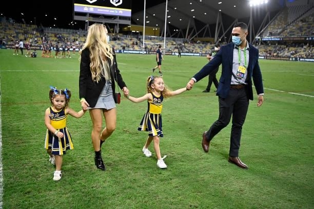 Justin O'Neil of the Cowboys is seen with his family after retiring at the end of the round 25 NRL match between the North Queensland Cowboys and the...