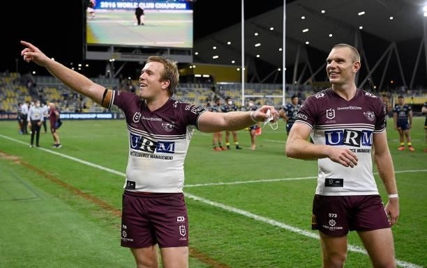 Jake and Tom Trbojevic of the Sea Eagles celebrate after winning the round 25 NRL match between the North Queensland Cowboys and the Manly Sea Eagles...