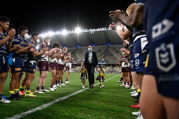 Justin O'Neil of the Cowboys walks from the field after retiring at the end of the round 25 NRL match between the North Queensland Cowboys and the...