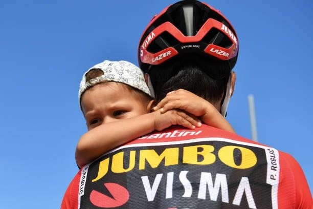 Primoz Roglic of Slovenia and Team Jumbo - Visma red leader jersey with his son Levom prior to the 76th Tour of Spain 2021, Stage 20 a 202,2km km...