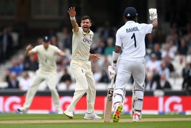 James Anderson of England unsuccessfully appeals during day three of the Fourth LV= Insurance Test Match between England and India at The Kia Oval on...