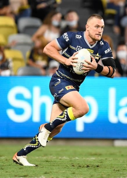 Coen Hess of the Cowboys runs the ball during the round 25 NRL match between the North Queensland Cowboys and the Manly Sea Eagles at QCB Stadium, on...