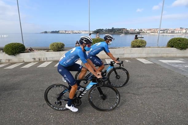 Enric Mas Nicolau of Spain and Nelson Oliveira of Portugal and Movistar Team prepare for the race prior to the 76th Tour of Spain 2021, Stage 20 a...