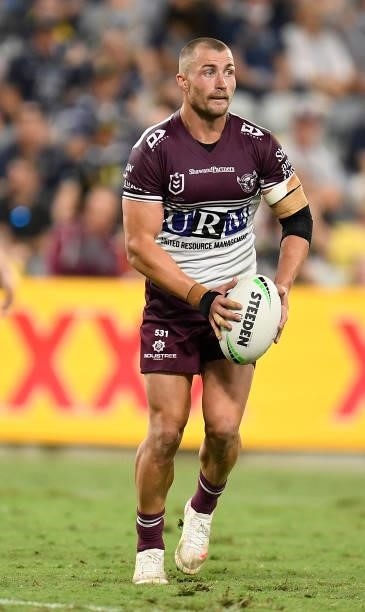 Kieran Foran of the Sea Eagles looks to kick the ball during the round 25 NRL match between the North Queensland Cowboys and the Manly Sea Eagles at...