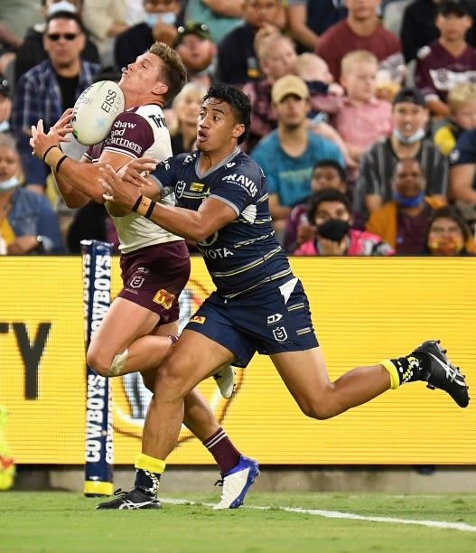 Reuben Garrick of the Sea Eagles scores a try during the round 25 NRL match between the North Queensland Cowboys and the Manly Sea Eagles at QCB...