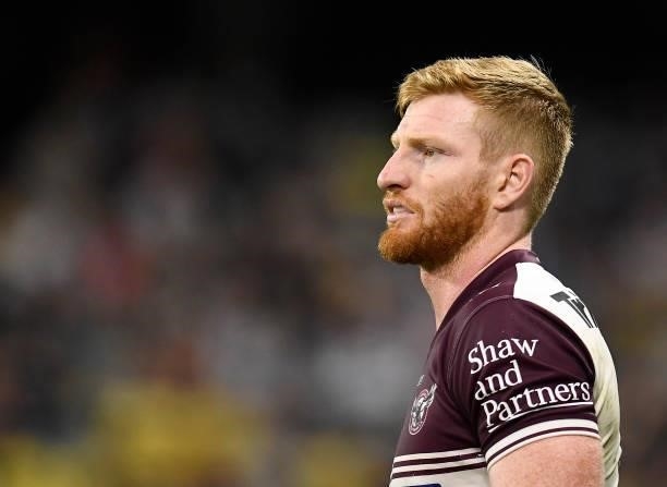 Brad Parker of the Sea Eagles looks on during the round 25 NRL match between the North Queensland Cowboys and the Manly Sea Eagles at QCB Stadium, on...