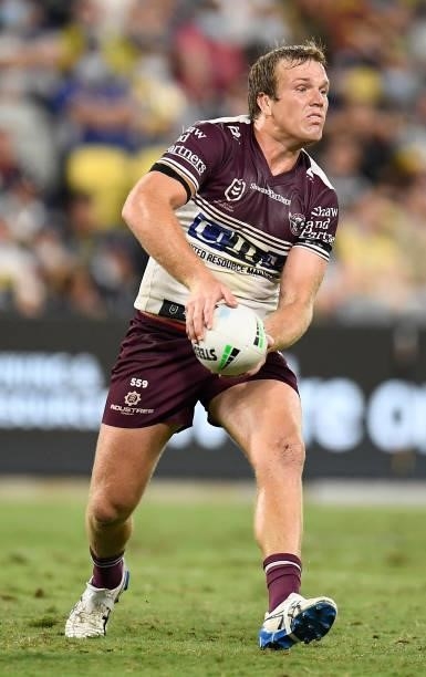 Jake Trbojevic of the Sea Eagles passes the ball during the round 25 NRL match between the North Queensland Cowboys and the Manly Sea Eagles at QCB...