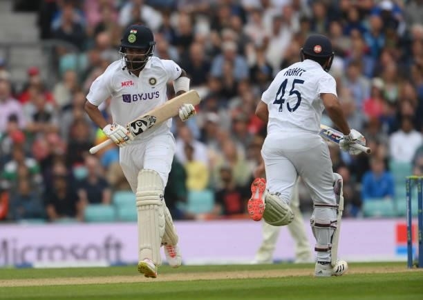 Rahul and Rohit Sharma of India take a run during the Fourth LV= Insurance Test Match: Day Three between England and India at The Kia Oval on...