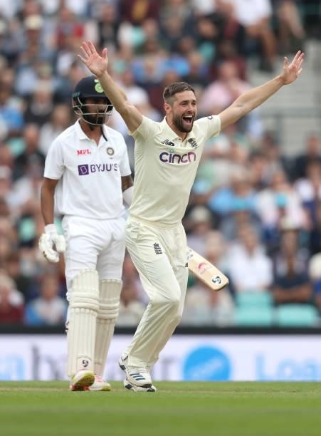 Chris Woakes of England appeals unsuccessfully for LBW during day three of the fourth LV= Insurance Test match between England and India at The Kia...