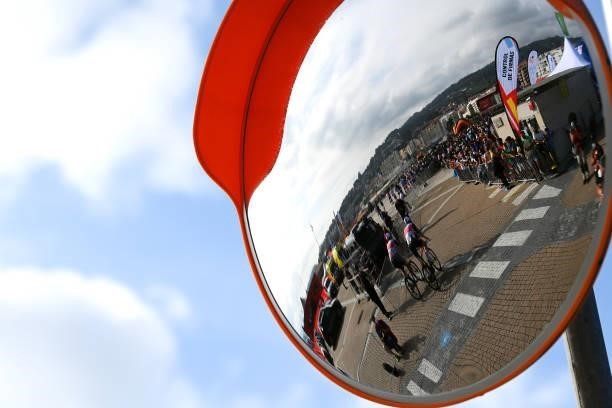 Mirror shows the reflection of the riders of the Team Trek - Segafredo prepare for the race prior to the 76th Tour of Spain 2021, Stage 20 a 202,2km...