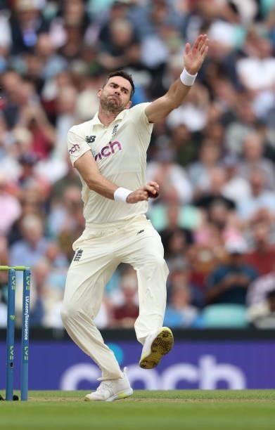 James Anderson of England bowls during day three of the fourth LV= Insurance Test match between England and India at The Kia Oval on September 04,...