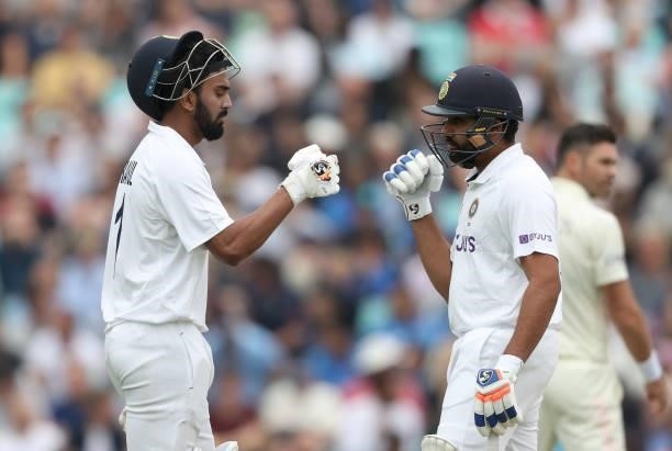 Rohit Sharma and KL Rahul of India during day three of the fourth LV= Insurance Test match between England and India at The Kia Oval on September 04,...