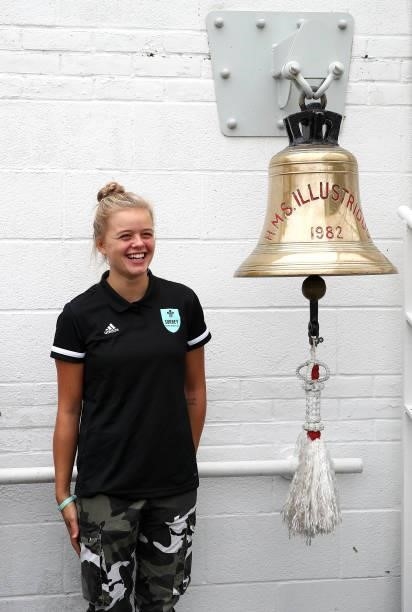 Amy Gordon of Surrey CCC rings the bell during Day Three of the Fourth LV= Insurance Test Match between England and India at The Kia Oval on...