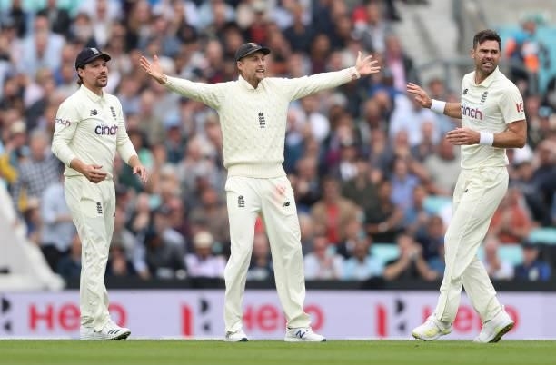 Joe Root of England appeals with James Anderson of England for the wicket of KL Rahul of India during day three of the fourth LV= Insurance Test...