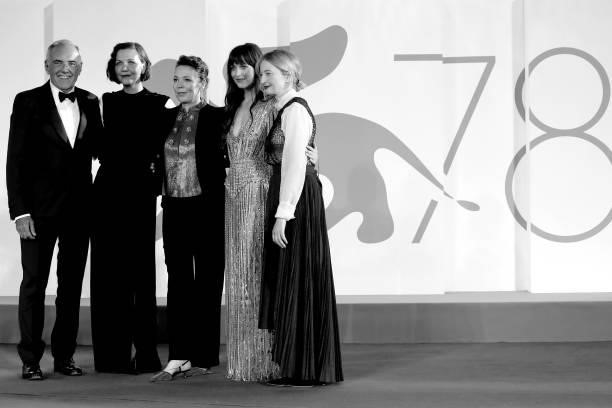 Alberto Barbera, Maggie Gyllenhaal, Olivia Colman, Dakota Johnson and Alba Rohrwacher attend the red carpet of the movie "The Lost Daughter