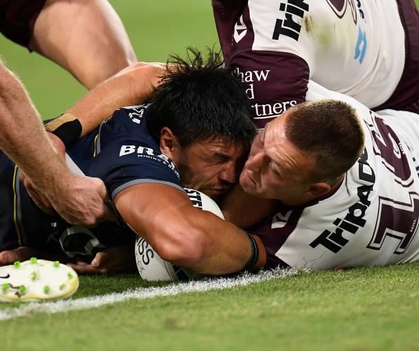 Jordan McLean of the Cowboys scores a try during the round 25 NRL match between the North Queensland Cowboys and the Manly Sea Eagles at QCB Stadium,...