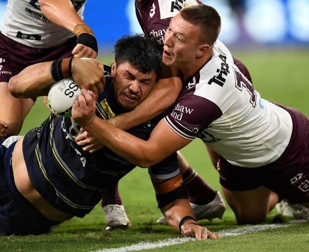 Jordan McLean of the Cowboys scores a try during the round 25 NRL match between the North Queensland Cowboys and the Manly Sea Eagles at QCB Stadium,...